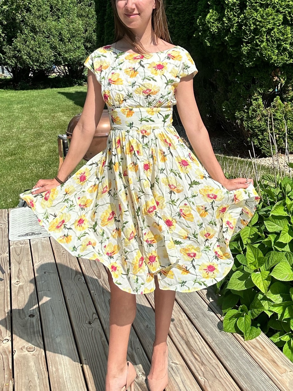 Vintage Floral Print Cap Sleeve Dress - Size XSmall